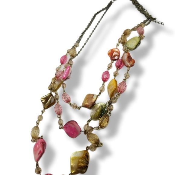 VINTAGE COLORFUL ABALONE SHELL & BEADED CHAIN LAYERED BOHO NECKLACE - Picture 3 of 8